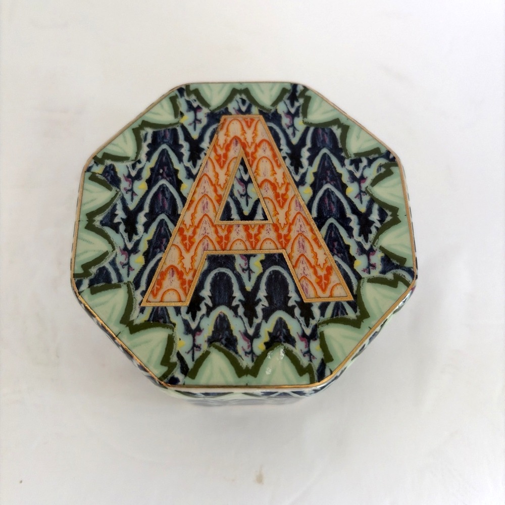 Anthropologie Trinket Box Monogram "A" Ceramic Octagonal w/ Lid Retro Style